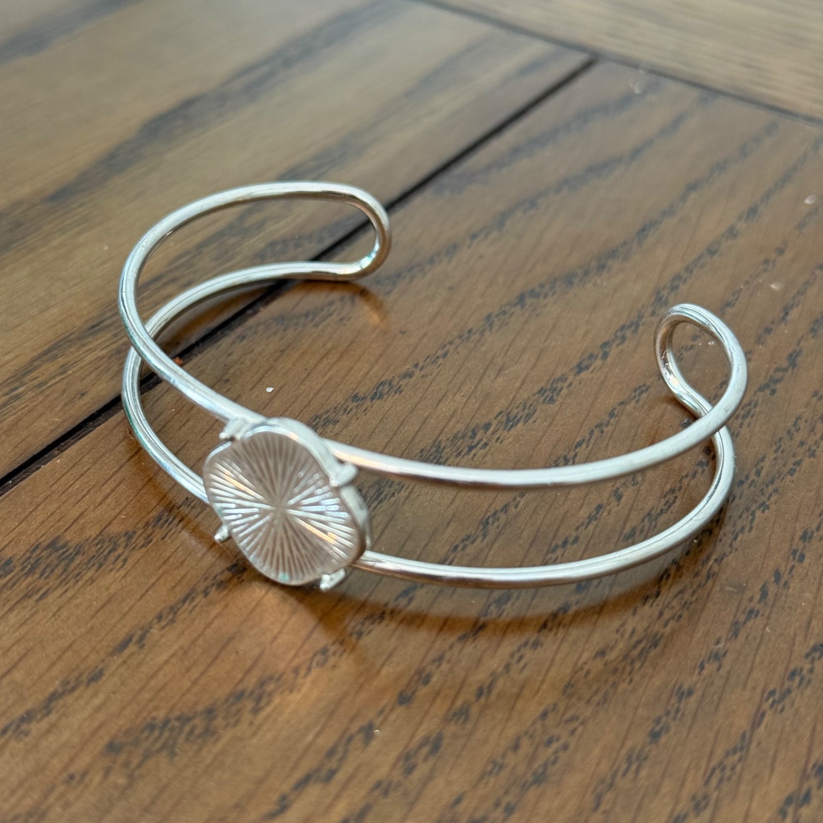 Silver Tone Open Cuff Flex Bracelet w/ Engraved Sunburst Disc Charm Cute Fun