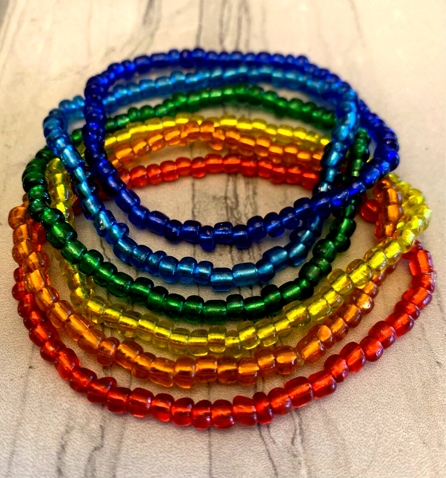 Rainbow Silver Lined Seed Bead Stretch Bracelets Red Blue Green Yellow Set of 6