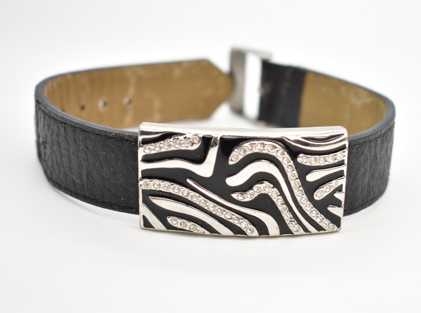 LIA SOPHIA Fierce Silver-T Black Faux Leather Zebra Enamel Crystal Bar Bracelet