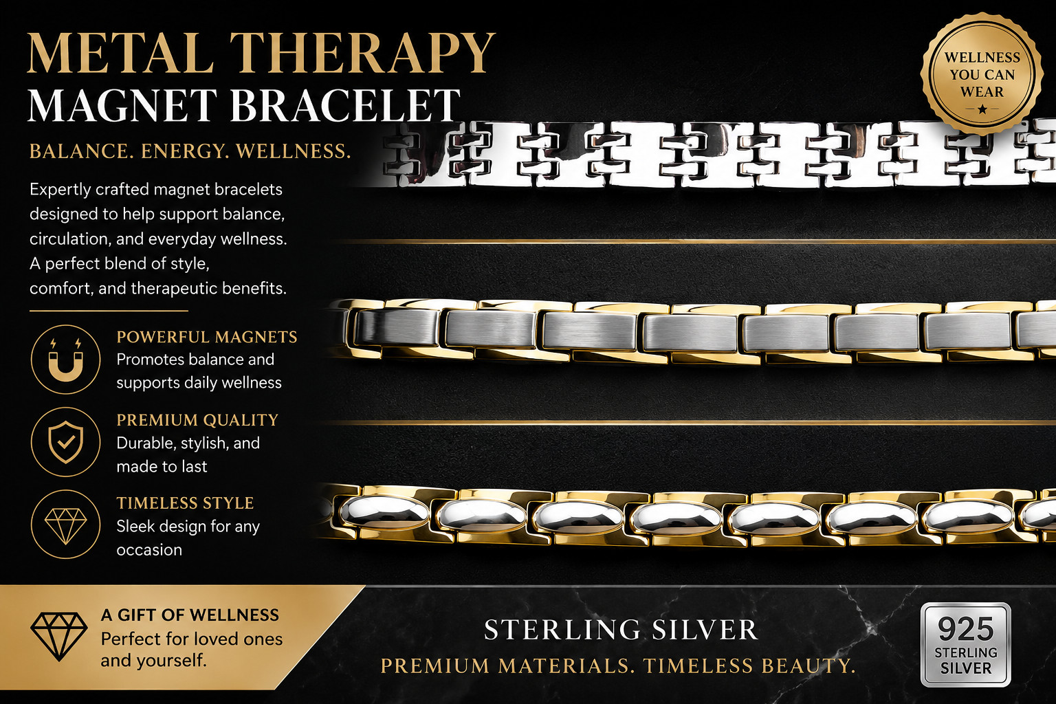 Magnetic Therapy Bracelet Stainless Steel Sterling Silver Tone Unisex New