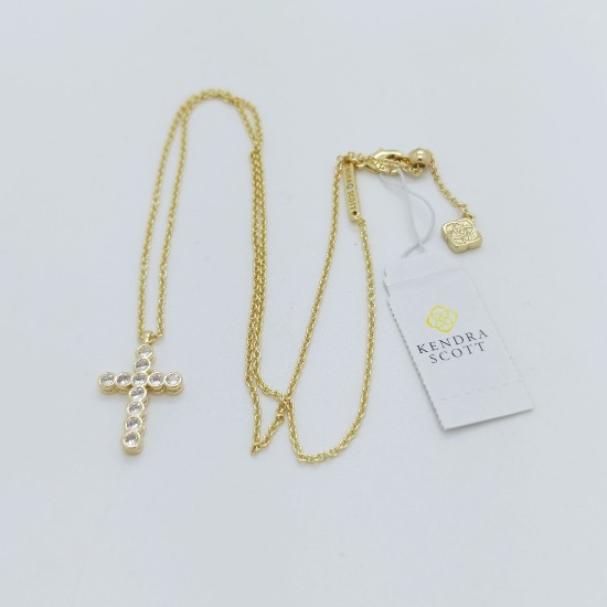 New Kendra Scott Cross Crystal Gold Pendant Necklace in White Cubic Zirconia