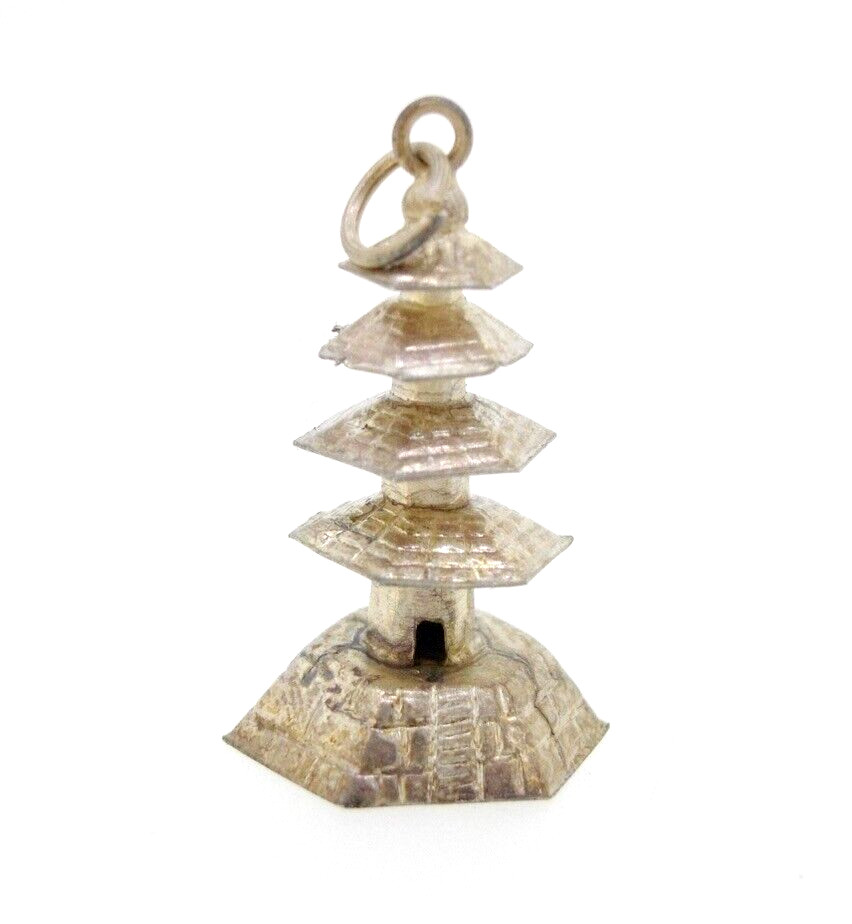 Charm PAGODA Japanese temple 3 dimensional Silver color 1 inch Delicate