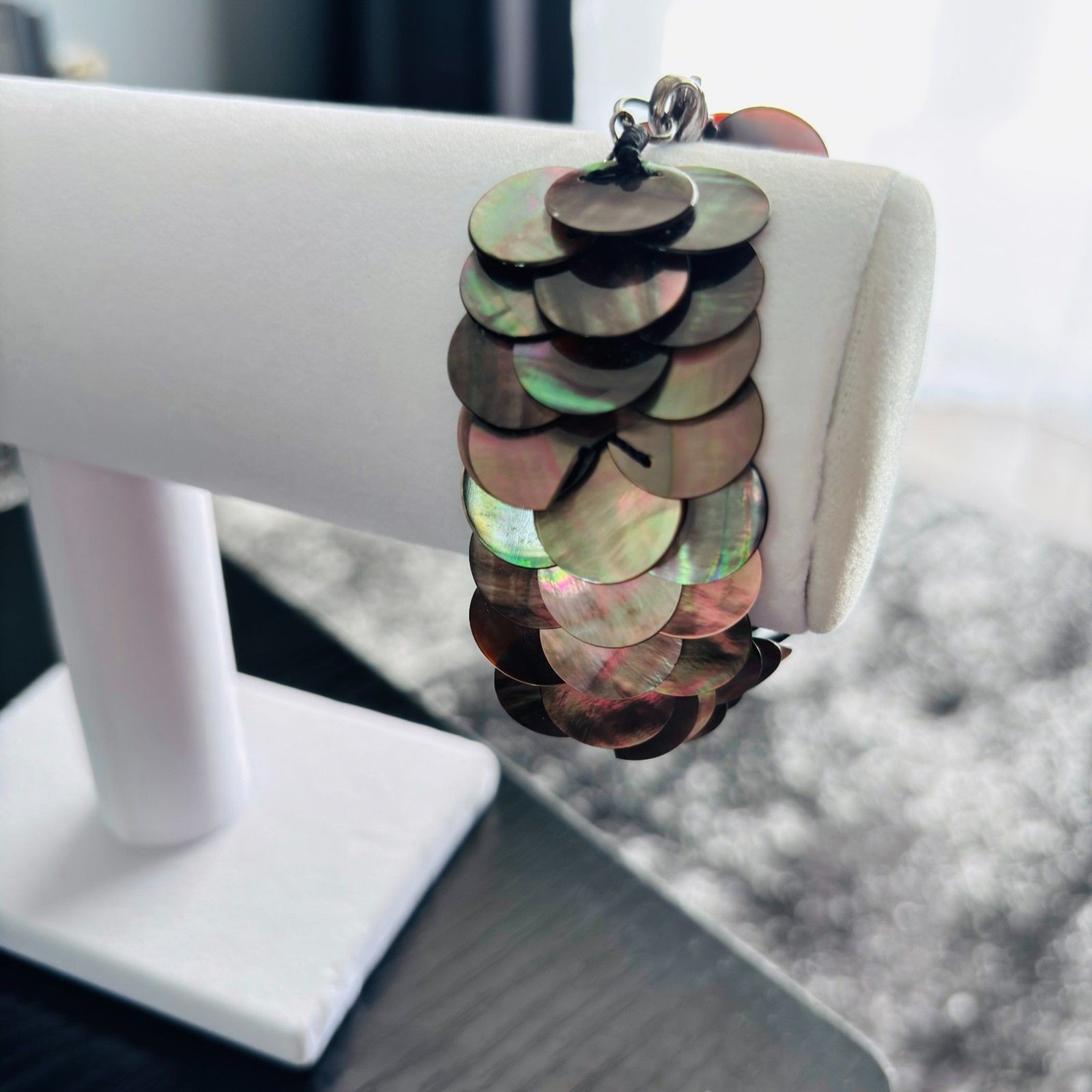 Chico’s Iridescent Mother of Pearl Shell Sequin Statement Bracelet Antiqued