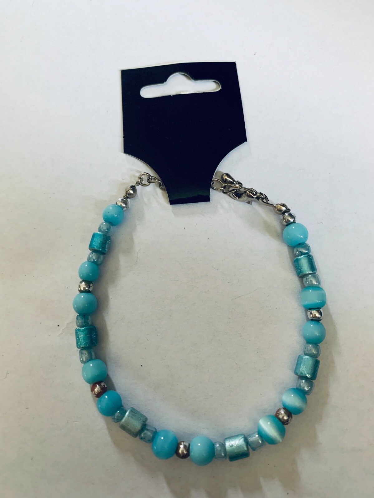 Women Blue Silver Beads Bracelet Lobster Hook Closure 8″ Handmade Jewelry