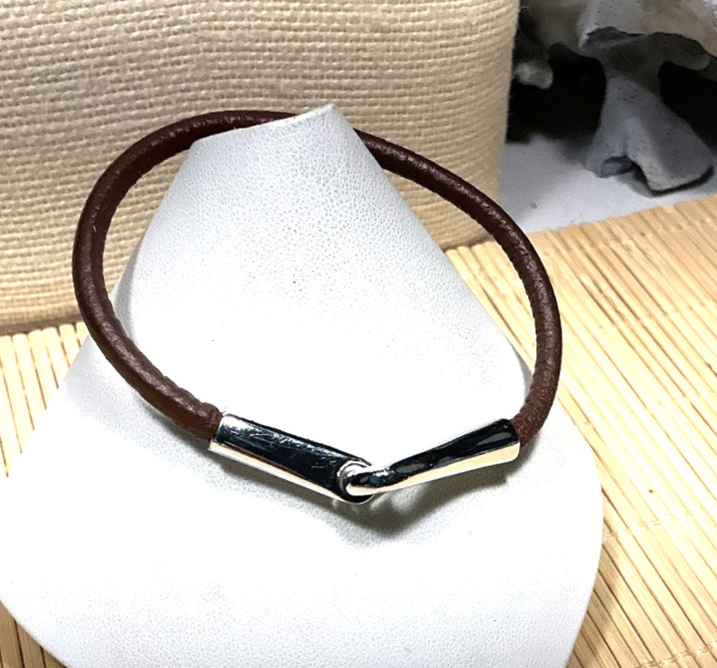 Fashion Bracelet Silver Tone Brown Leather Tube Modernist Lot 100A