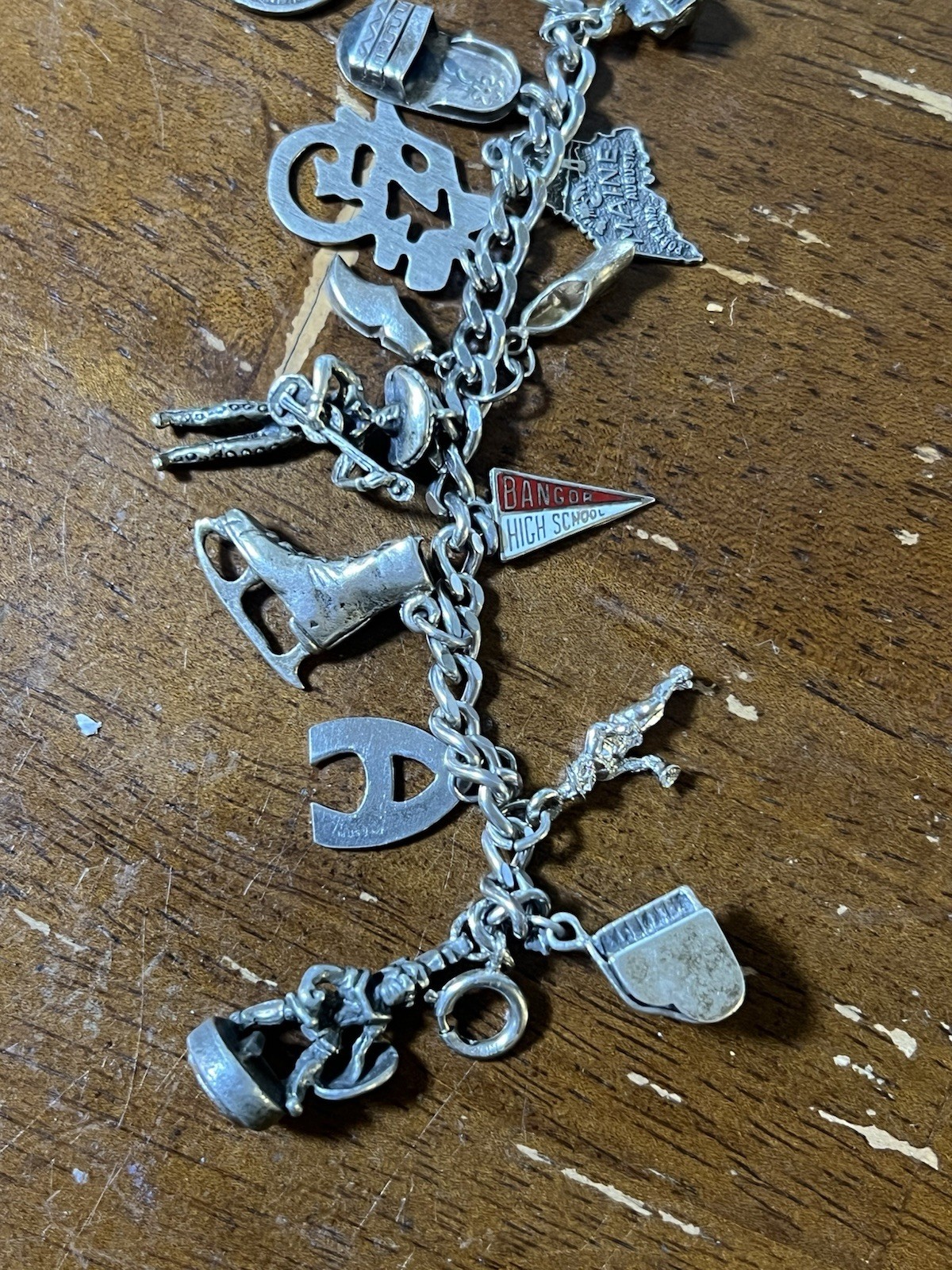 Sterling Silver Metal Charm Bracelet Curb Link Chain Dangle 1950-1960’s
