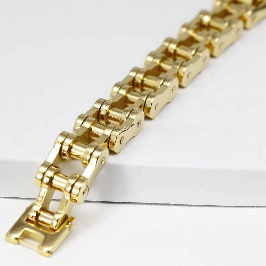 Men’s 8.5″Stainless Steel,Motorcycle Bike Link Chain Bracelet Gold plated,BOX