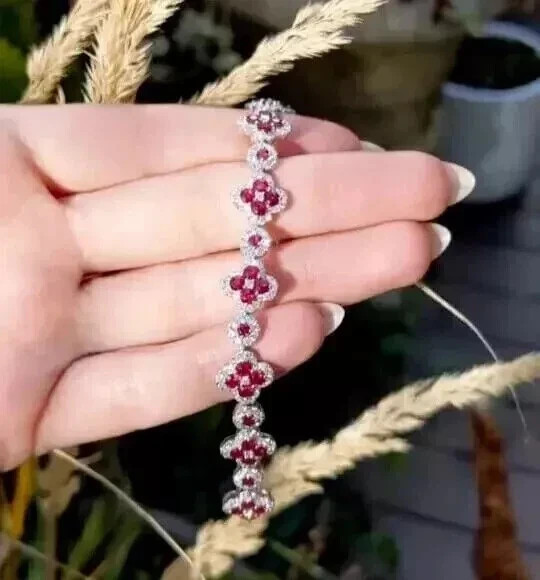 8.5 Ct Round Simulated Ruby & Diamond Tennis Bracelet 925 White Sterling Silver