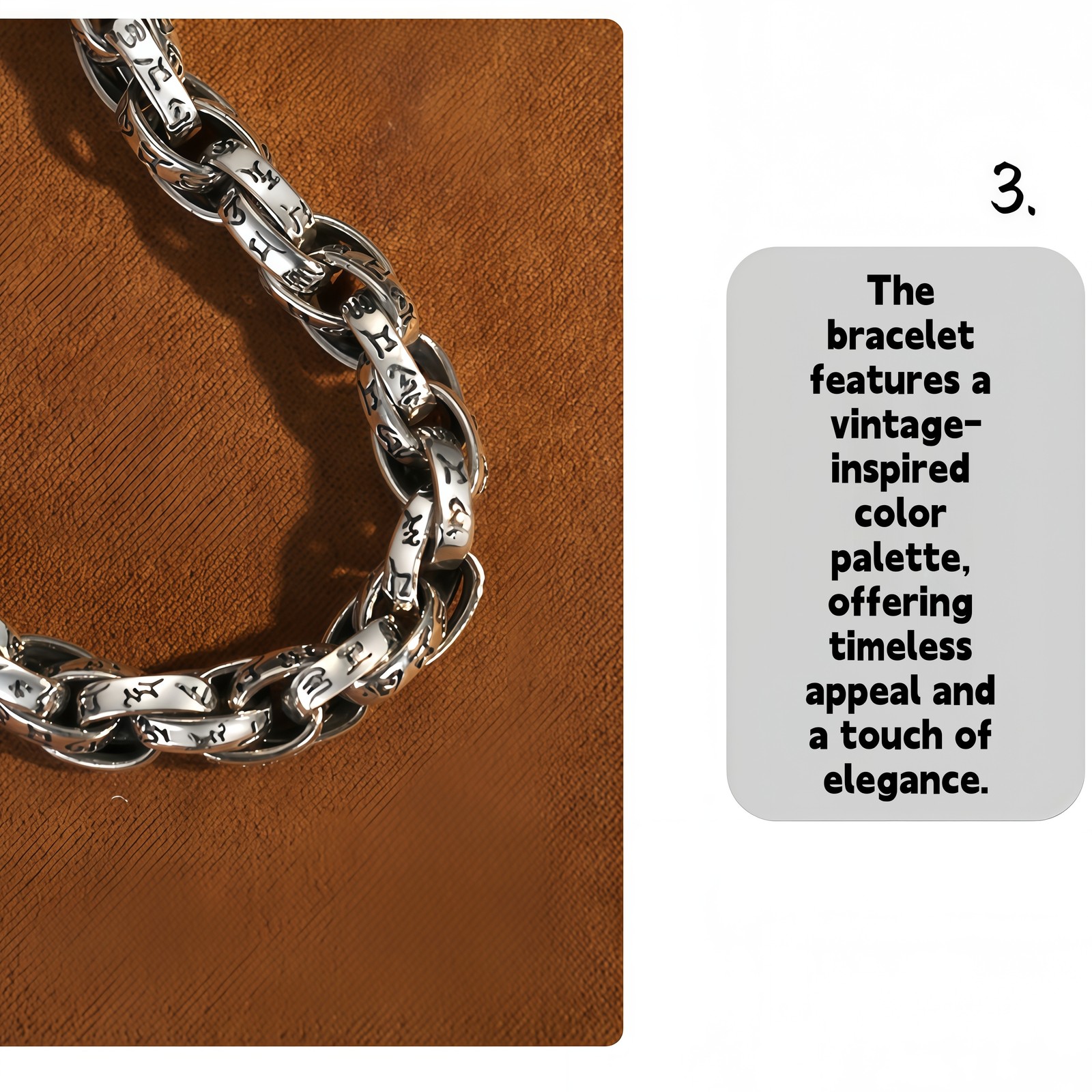 Vintage Scroll Engraved Curb Copper Chain Bracelet Plated Antique Silver for Men