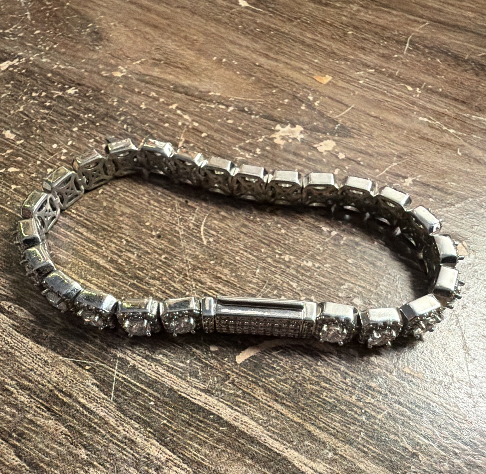Silver Tone Tennis Link Bracelet, Clear Square Prong Set Stones, Box Clasp