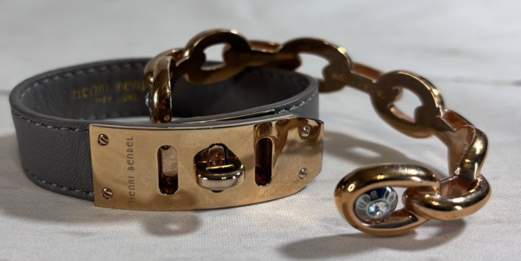 Henri Bendel New York Whitney Leather Turn-Lock Grey Gold Tone Bracelet 3 Sizes