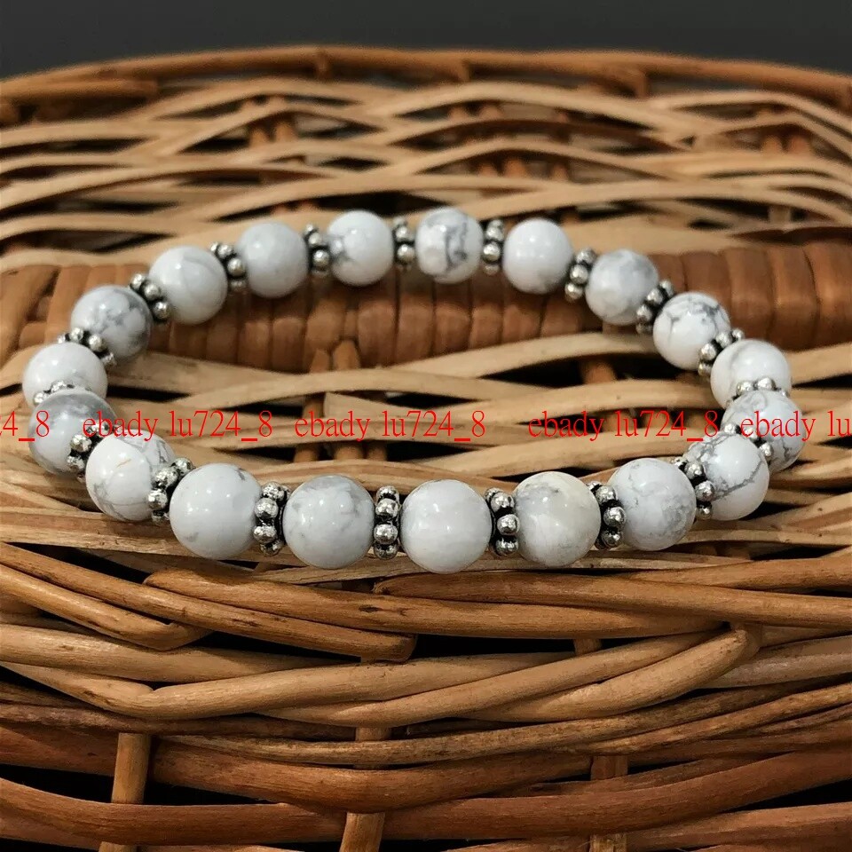Natural ” White Howlite ” Gemstone Round Beaded Chakra Stretchable Bracelet 7.5″