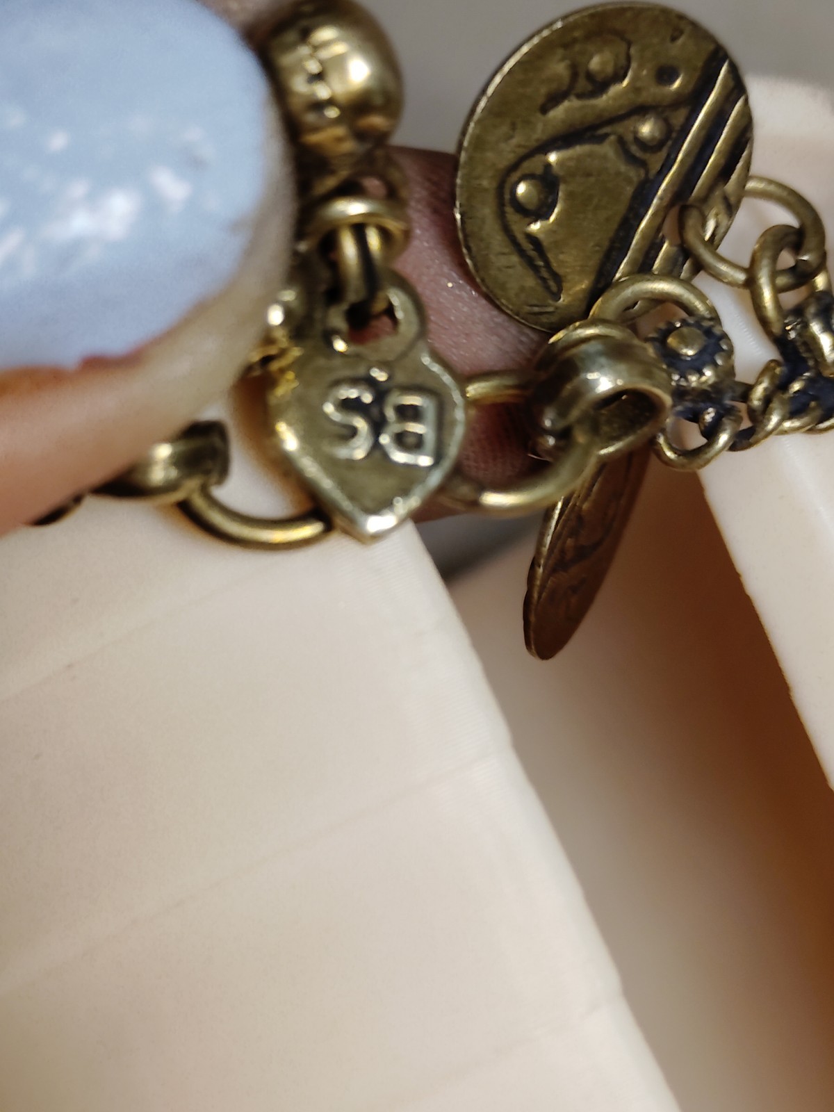 Signed Silver Tone Heart Dangle Coin Disc Charm Link Anklet 7.75″