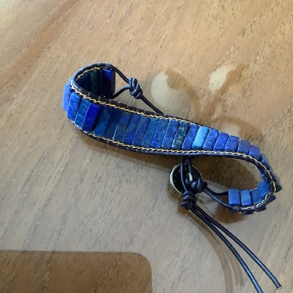 Natural Lapis Lazuli Tube Stone Bracelet Leather Braided Bracelet Adjustable