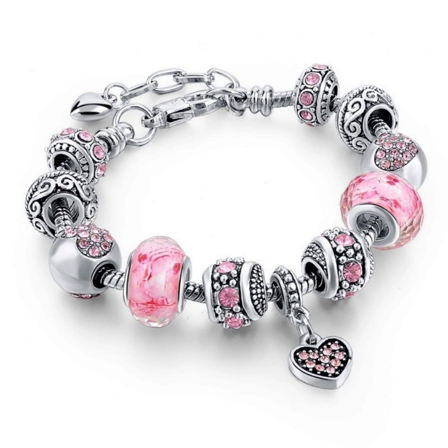 Capital Charms Pink Hearts Silver Plated Charm Bracelet Set, Jewelry Gifts wi…