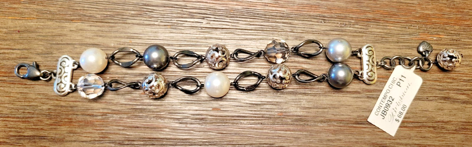 BRIGHTON CONTEMPO CHIC CRYSTAL+PEARL+METALLIC BEAD SLVR 2STRAND BRACELET NWT✨$68