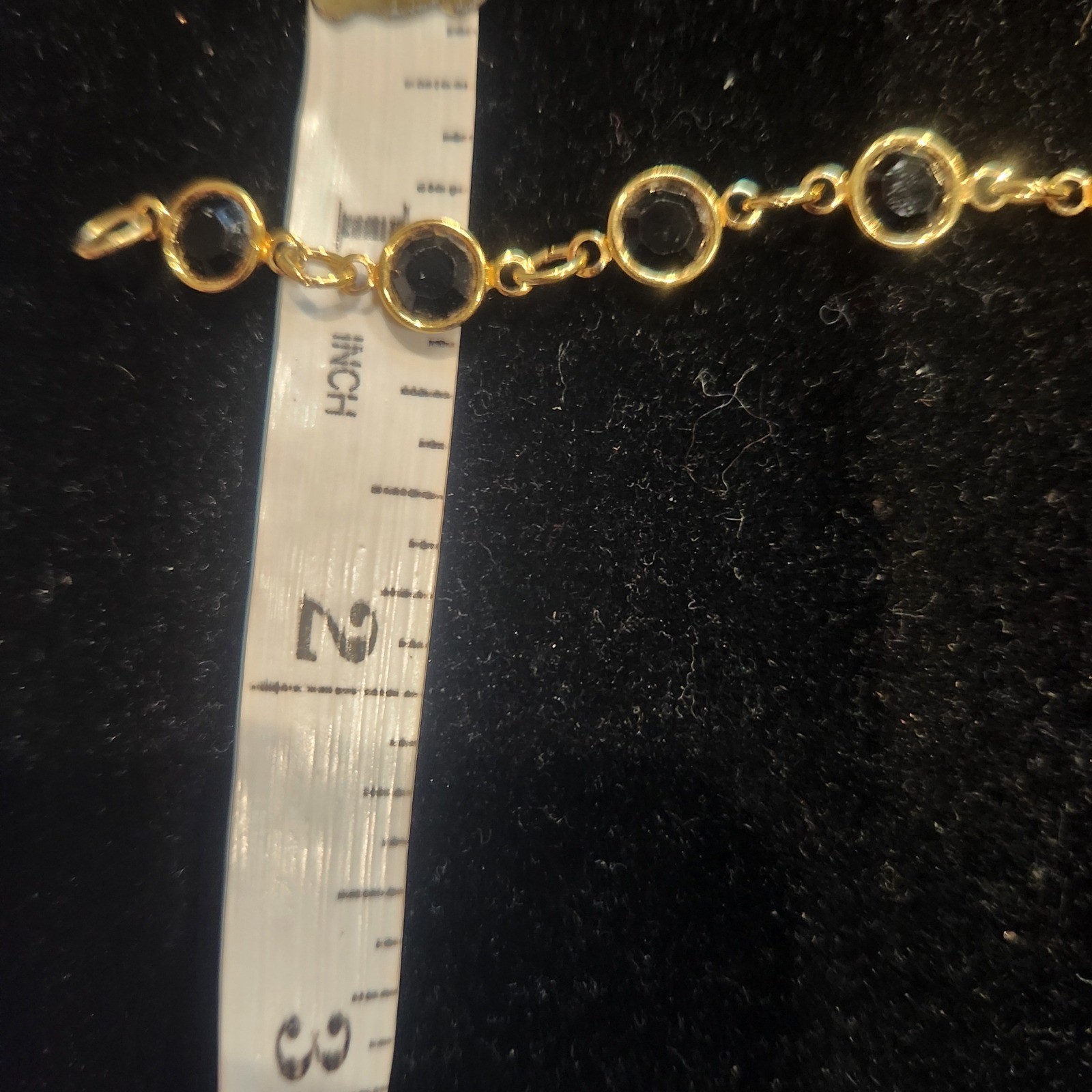 Gold Tone Bezel Set Round Black Glass Link Bracelet 6.5 Inch