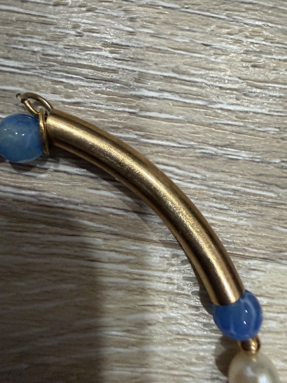Blue Beaded Slip-On Stretch Bracelet Gold Tone Tube Bar Accent with Pearls