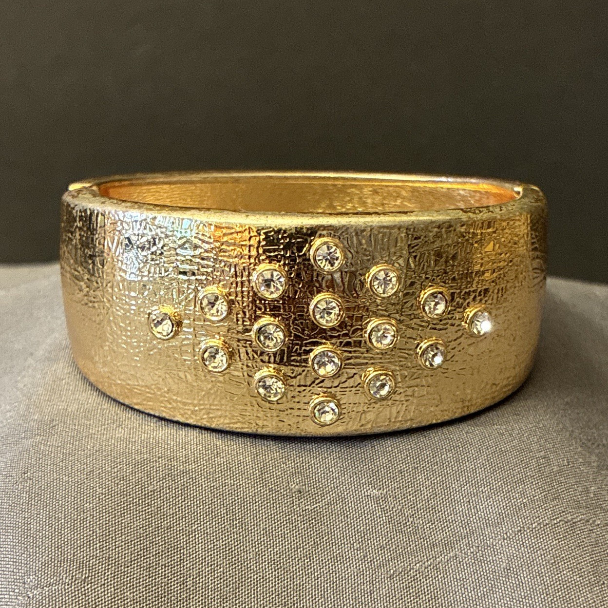 Gold Tone Wide Hinged Bangle Bracelet w/ Round Clear Bezel-Set Crystals