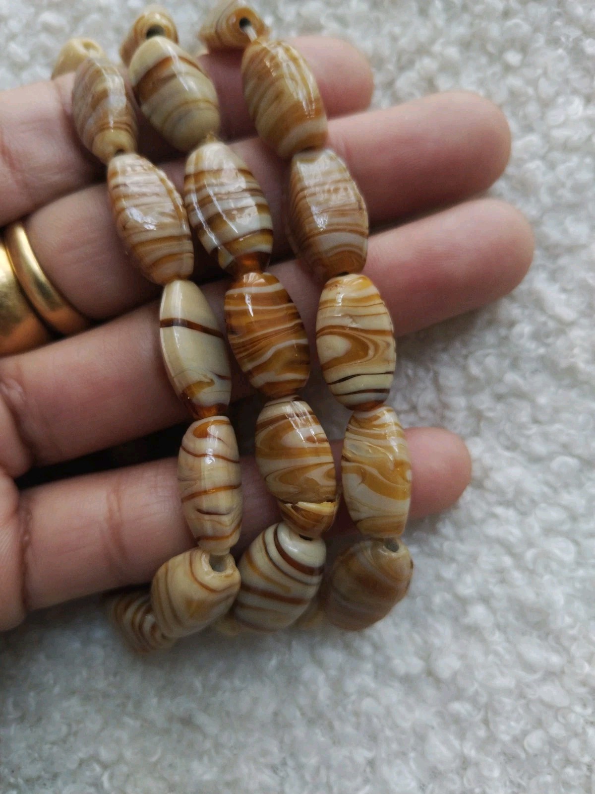3 X Caramel Brown​ Swirl Stripe Oval Glass Beaded Elasticated Bracelets