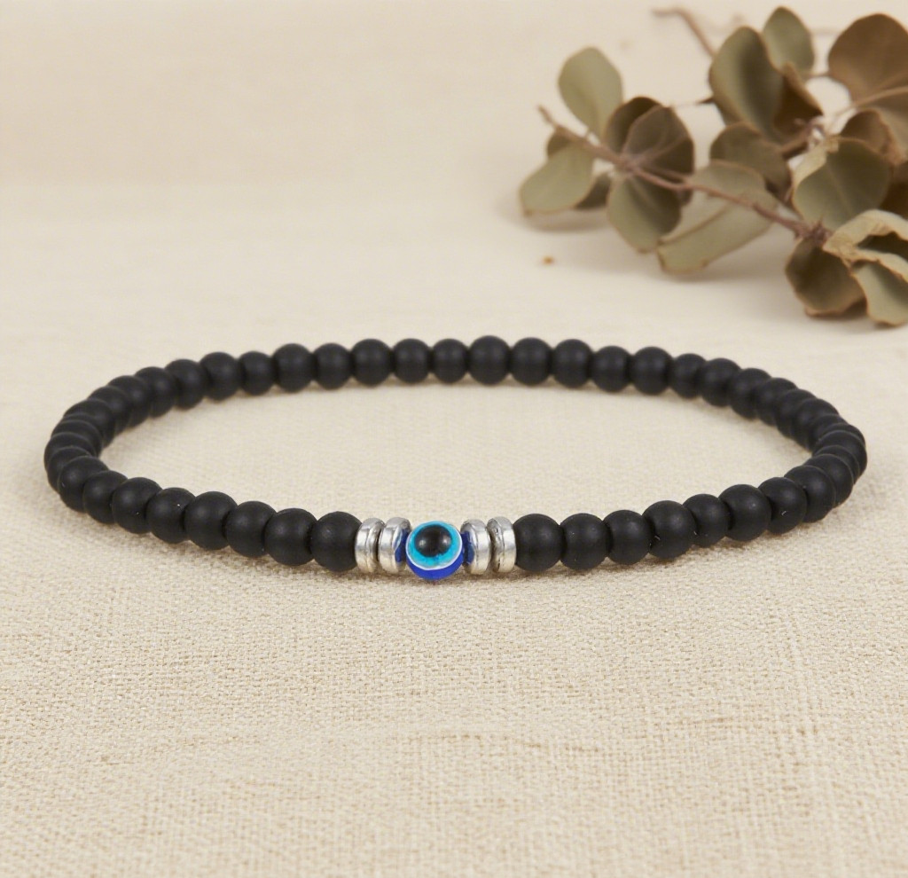Evil Eye Black Tourmaline Stretch Bracelet 4mm Round Gemstone Beaded Jewelry