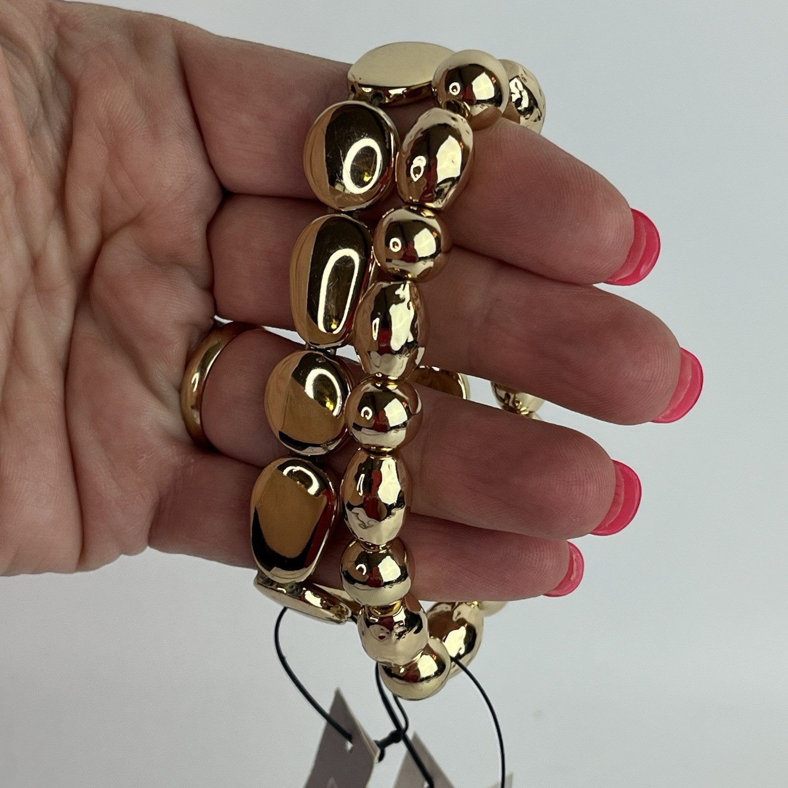 Chico’s NWT Set Of 2 Gold Tone Shiny Stretch Beaded Bracelets Weighted Smooth