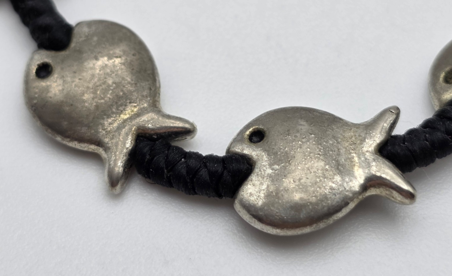 Silver Tone Fish Black Cord Bracelet 8” Boho Nautical Artisan Style