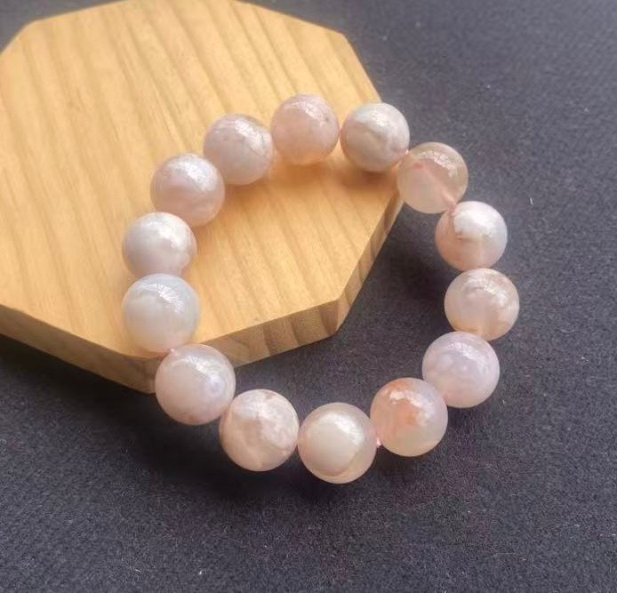 Natural Cherry blossom Agate Bracelet Sakura Round Beaded Healing 15mm