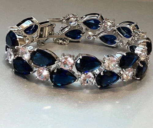 18k White Gold Filled Lab Blue Sapphire & Simulated Diamond Tennis Bracelet Gift
