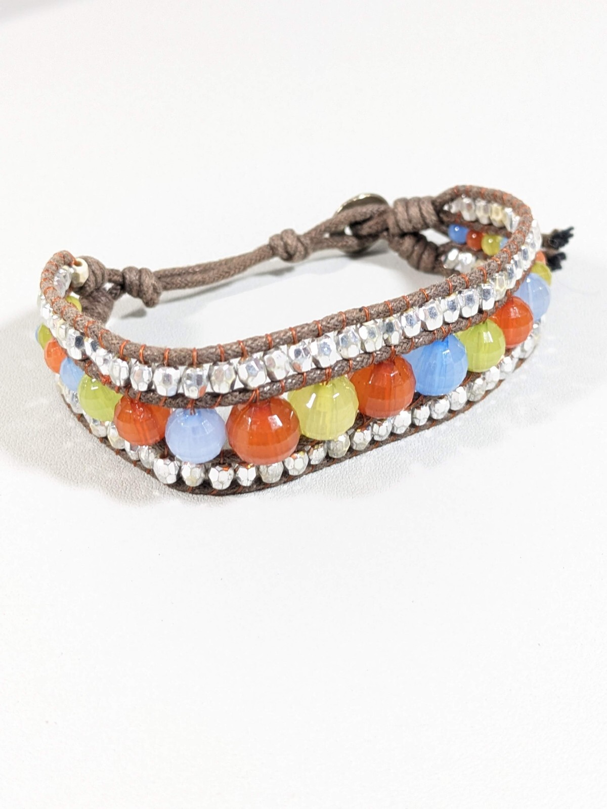 Tribal Style Brown Cord Silver Tone Blue Orange Acrylic Bead Bracelet 8.5 in