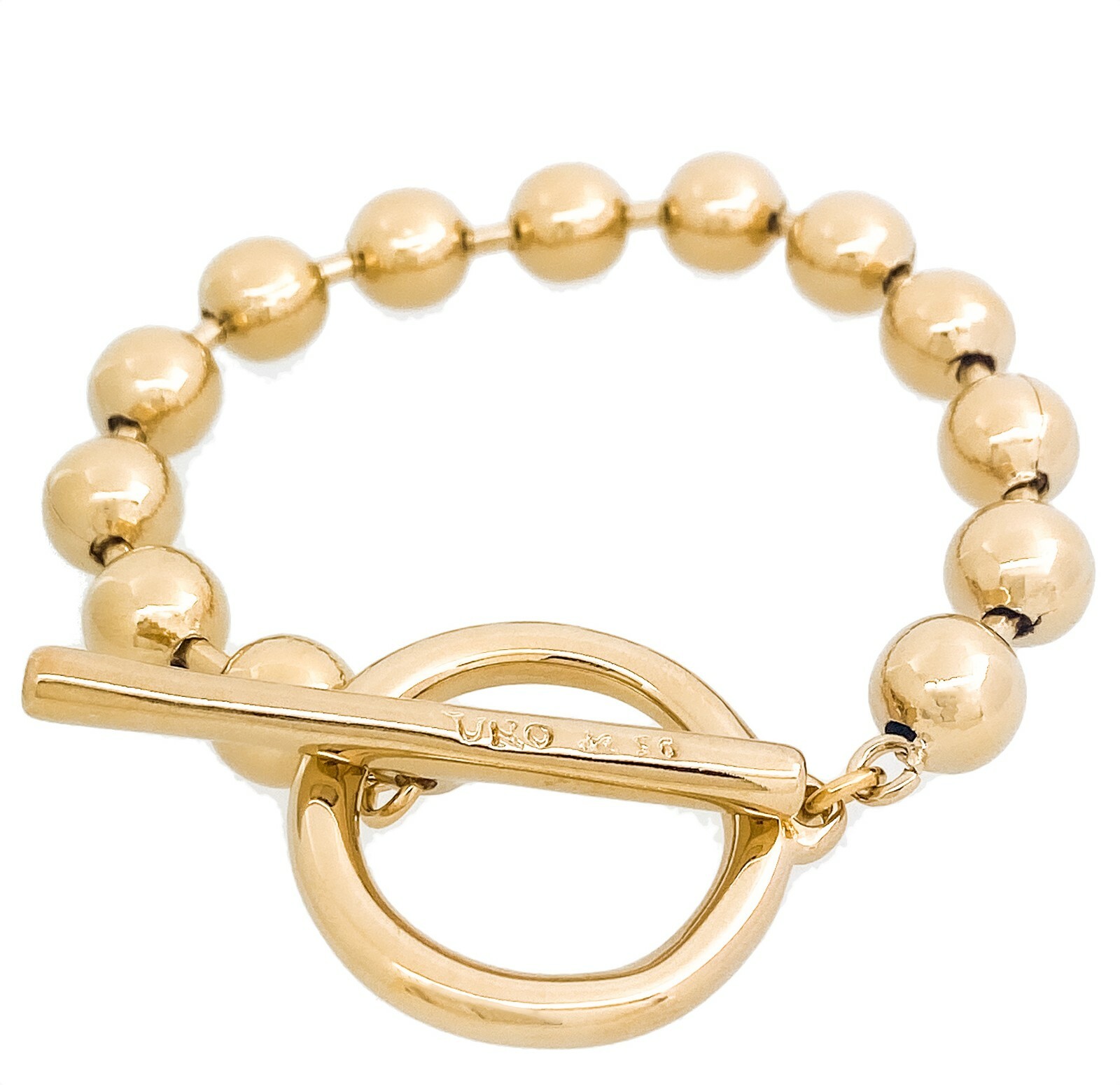 New Uno De 50 Gold Tone Bead Ball On-Off Toggle Bar Bracelet M