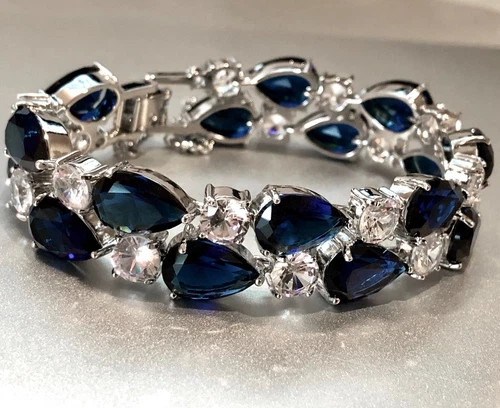 18k White Gold Filled Lab Blue Sapphire & Simulated Diamond Tennis Bracelet Gift