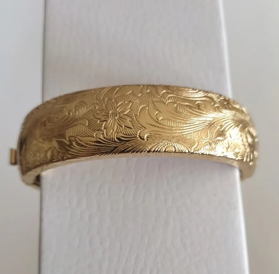 French Vintage Gold Tone Engraved Bracelet Jong Flower with Safety Push Lock.