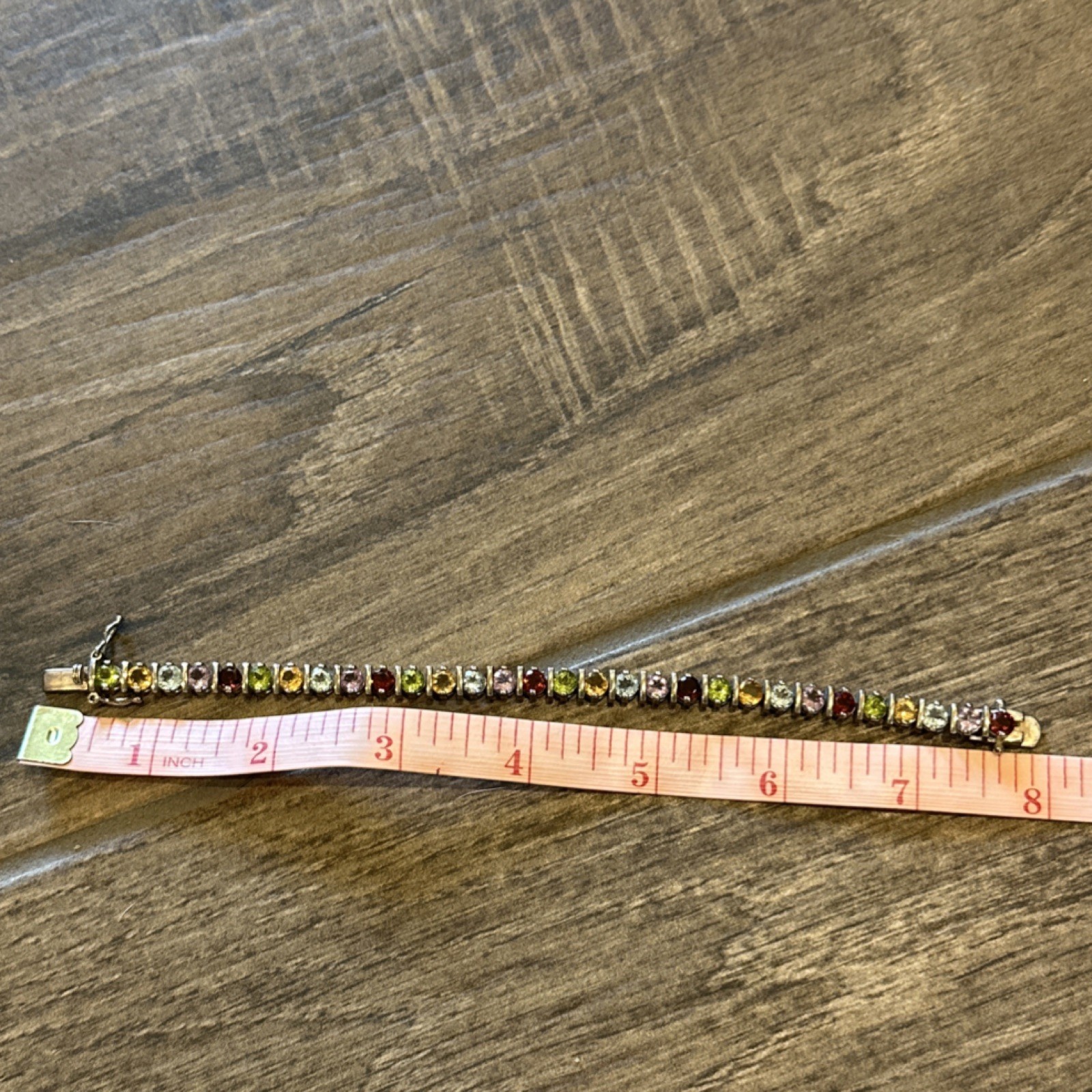 Sterling silver 925 Multicolor semi-precious tennis bracelet, box clasp, 8in