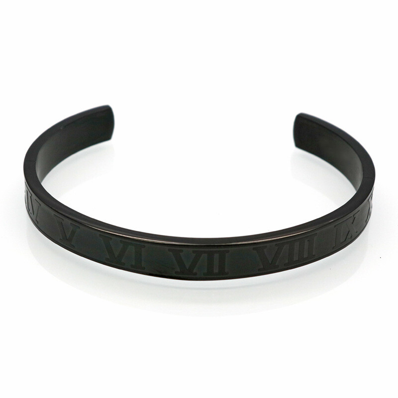 Roman Numeral Cuff Bangle for Mens Womens Open Punk Stainless Steel Bracelet