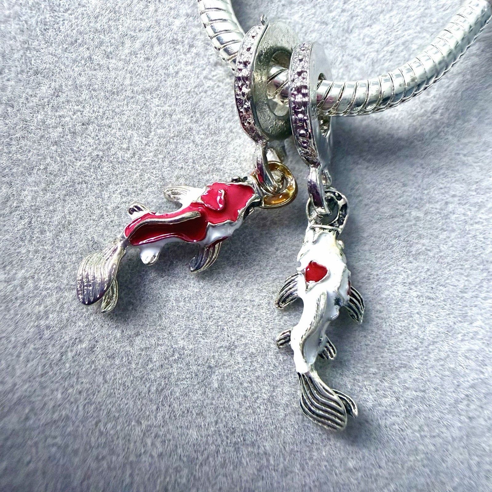 2PC Koi Fish Red Dangle Charms for European Charm Bracelet Snake Chain Beads