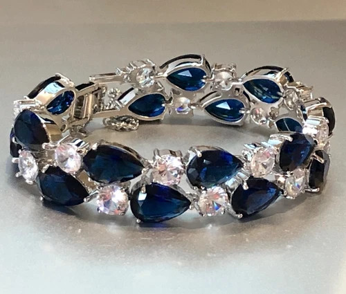 18k White Gold Filled Lab Blue Sapphire & Simulated Diamond Tennis Bracelet Gift