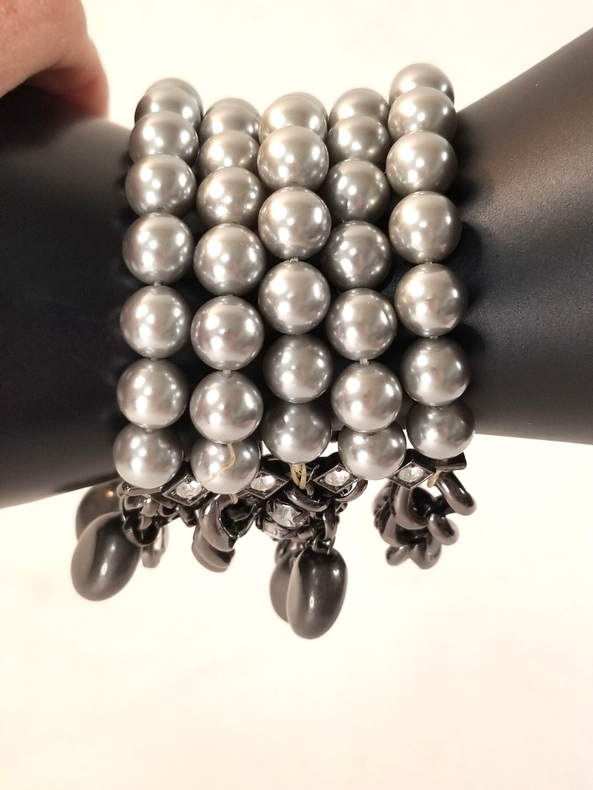 Faux Pearl Bracelet Grey Chunky Black Metal Rhinestones Black Shiny Stones Bling