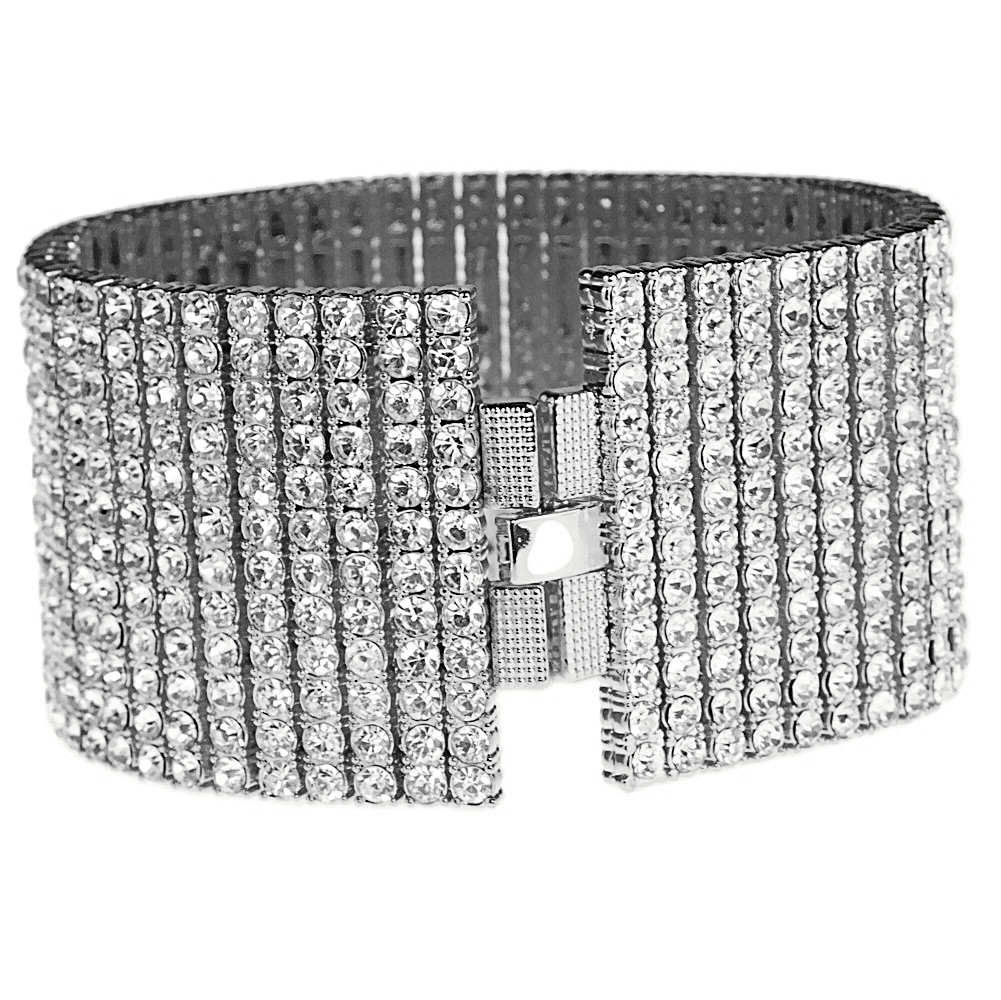 Men’s Bracelet 12 Row Pharaoh Silver Tone Heavy Iced Bling Out CZ Hip Hop 9.25″