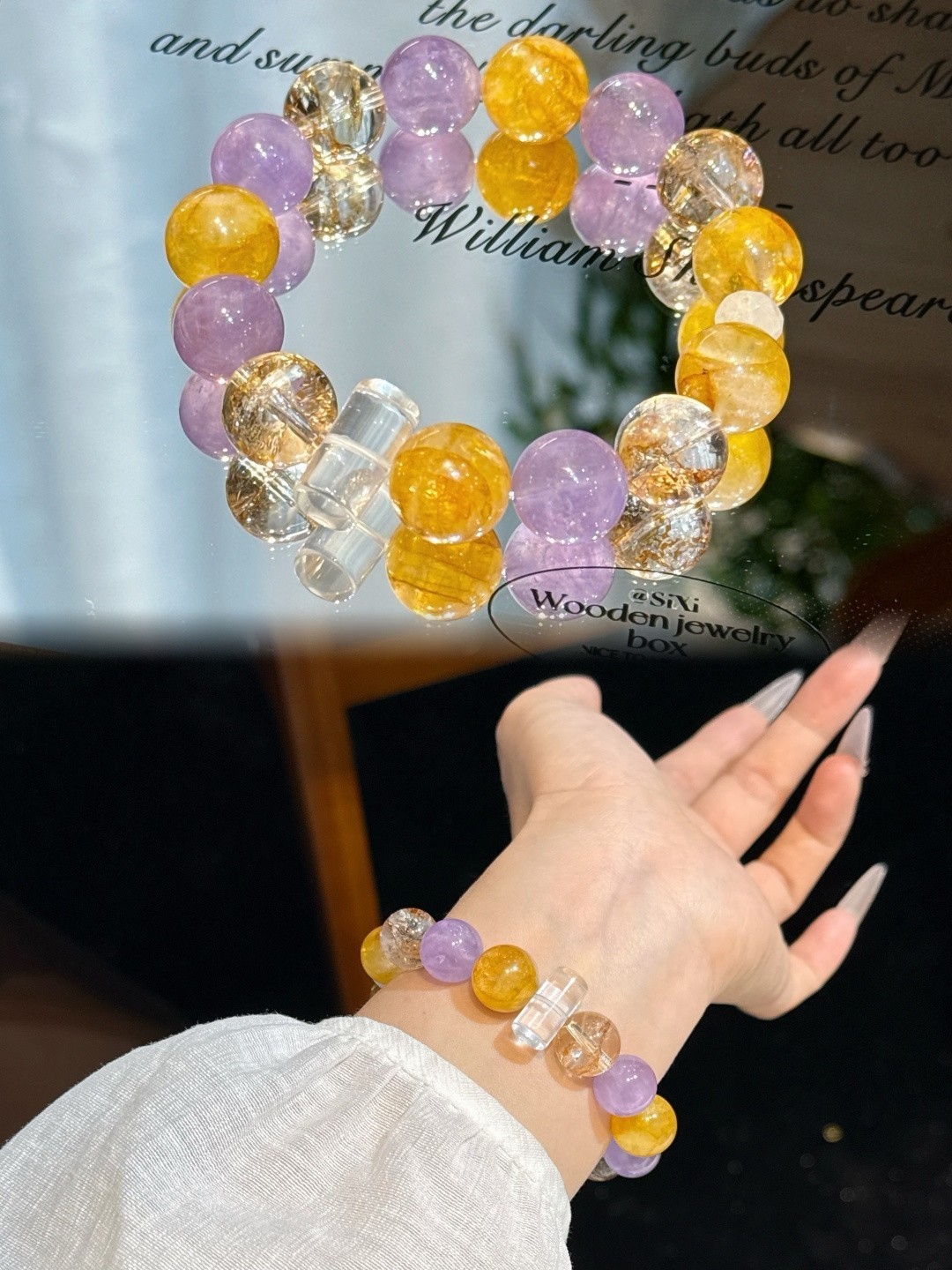 Natural Amethyst Yellow Garden Clear Crystal Gold Foil Koi 12mm Stretch Bracelet