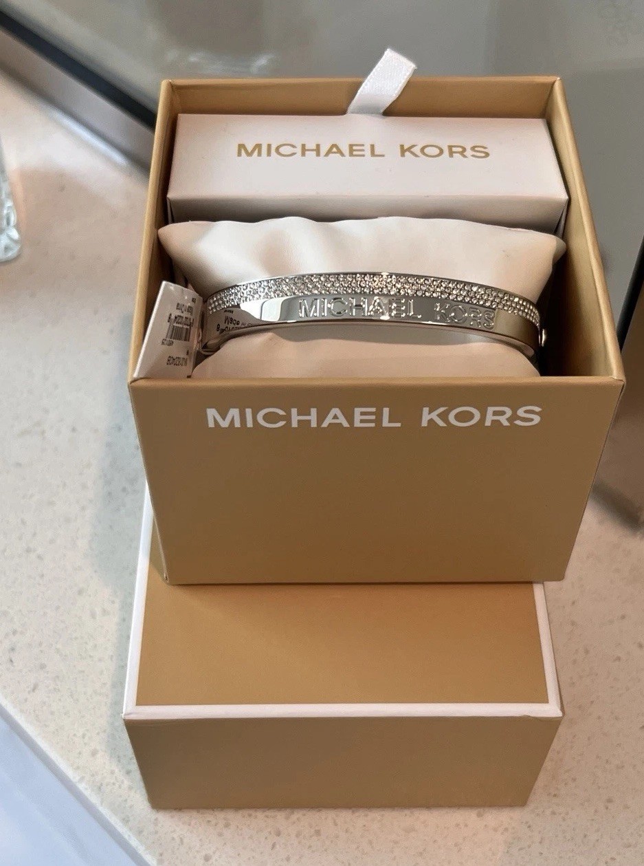 Michael Kors Silver Tone Stainless Steel Pavé Crystal Logo Hinged Bangle