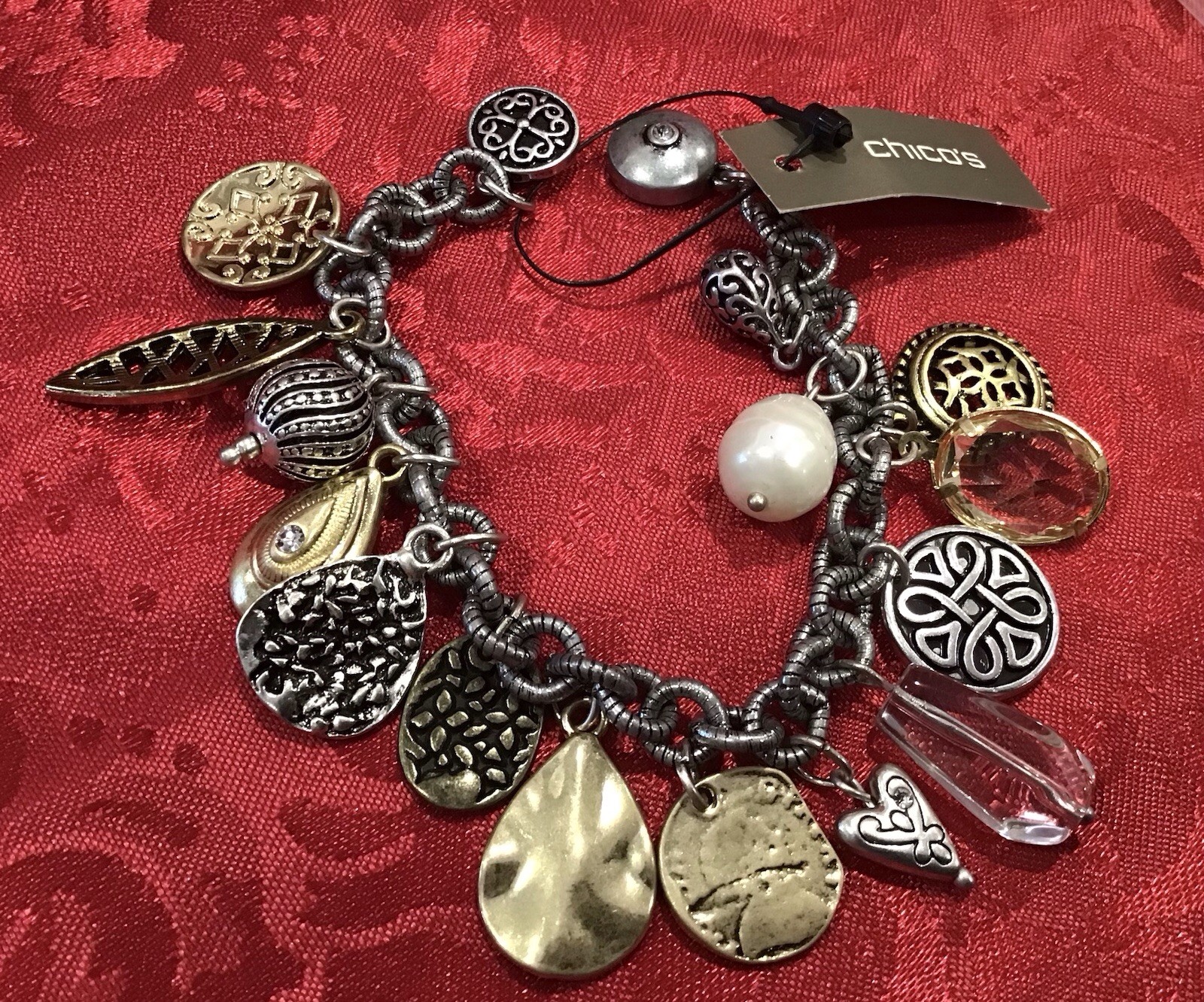 NWT~ Chico’s Charm Bracelet Silver Gold Coin Beads Crystals Magnetic Closure