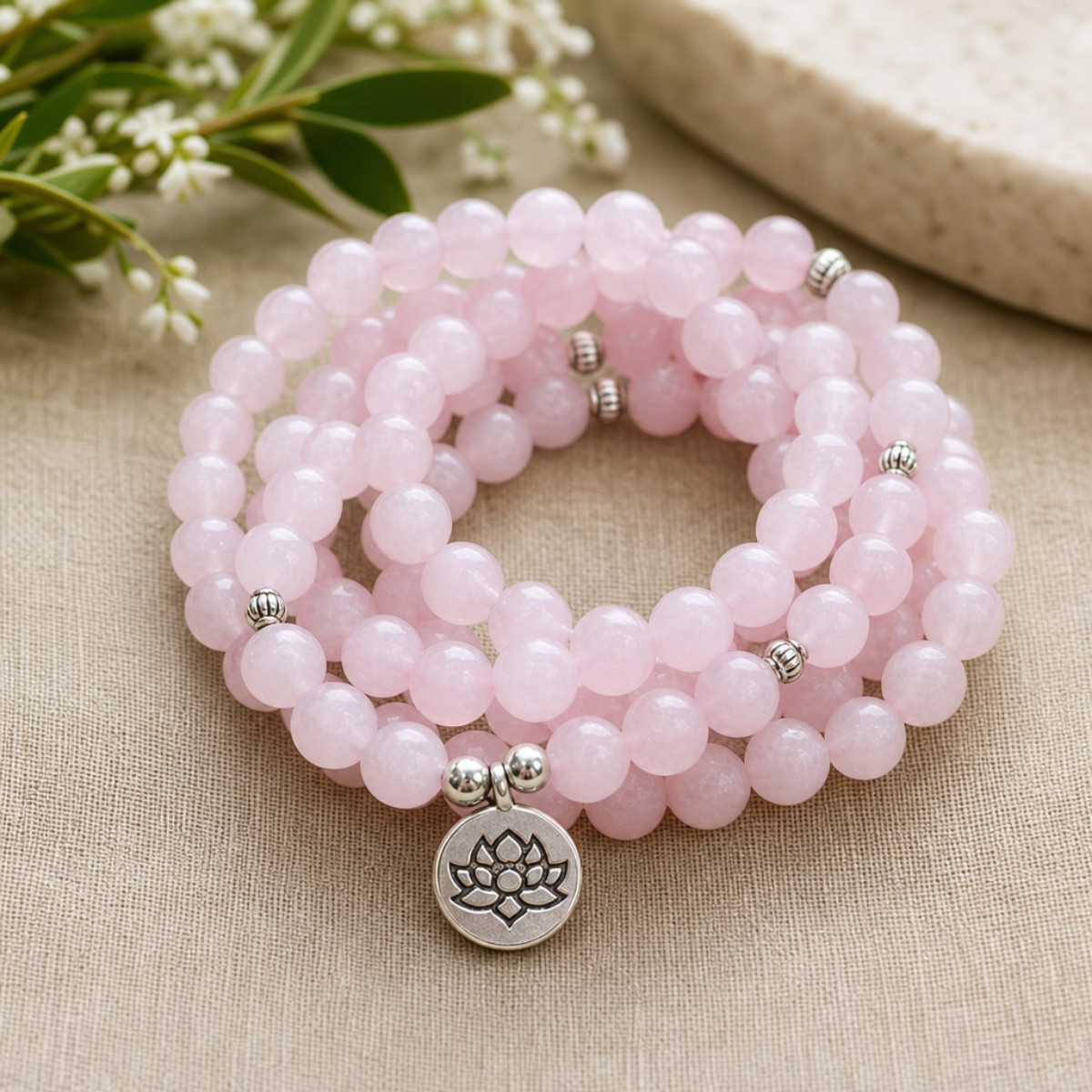 108 Mala Rose Quartz Bead Necklace Bracelet Lotus Healing Meditation Yoga Gift