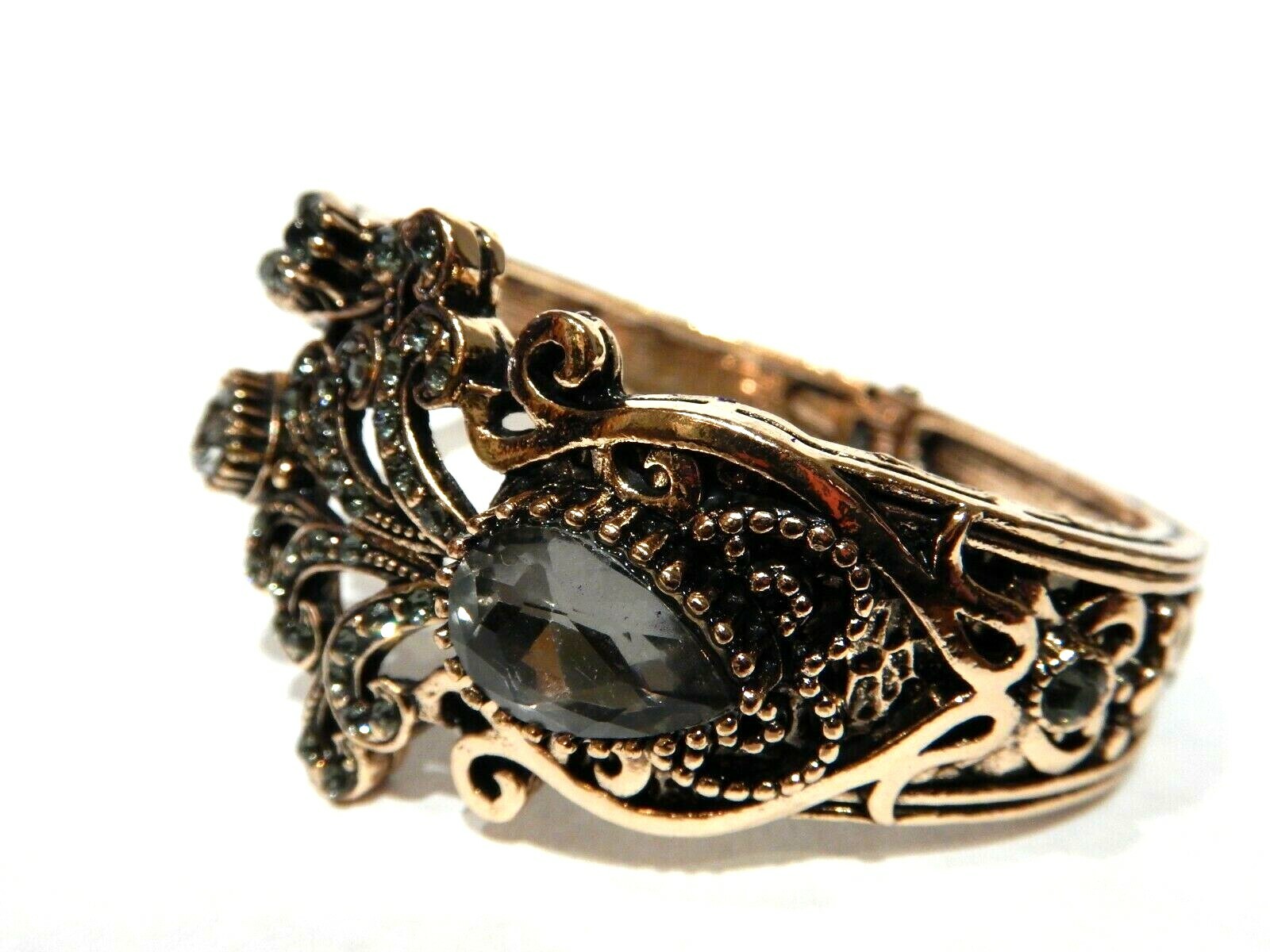 PEACOCK FEATHER FILIGREE CUFF copper gray crystal Turkish bangle bracelet I5