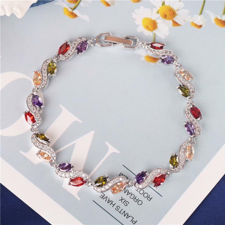 New Flower Rainbow Mix Color Amethyst Topaz Gems Silver Women Charm Bracelets