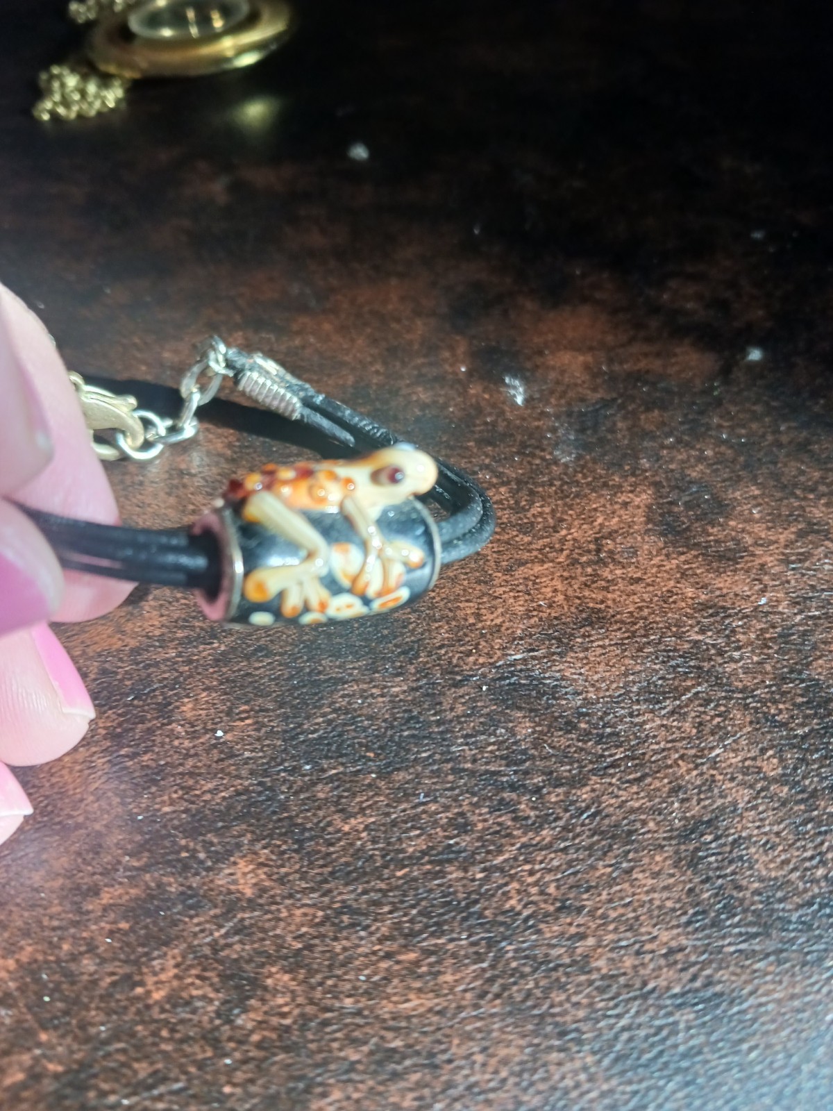 Frog Charm, Clay Enamel Painted, Cord Bracelet Black