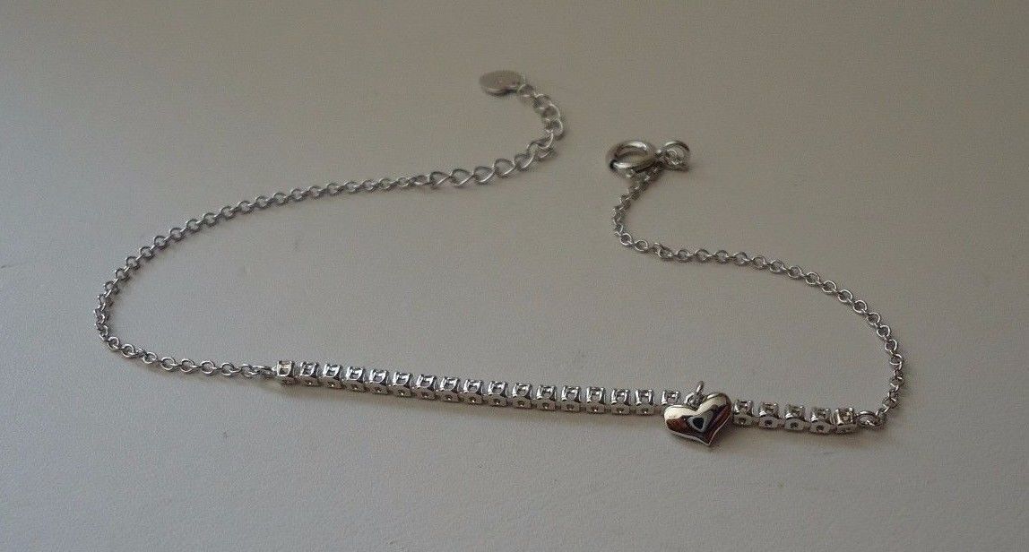 HEART 925 STERLING SILVER BRACELET W/ .75 CT LAB CREATED DIAMONDS / 8”