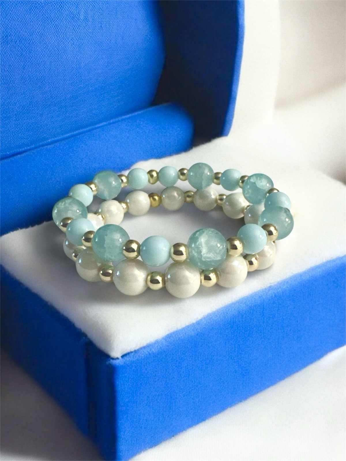 Artisan Handmade 14k Gold Filled Beaded Bracelet Set Baby Blue White Gold
