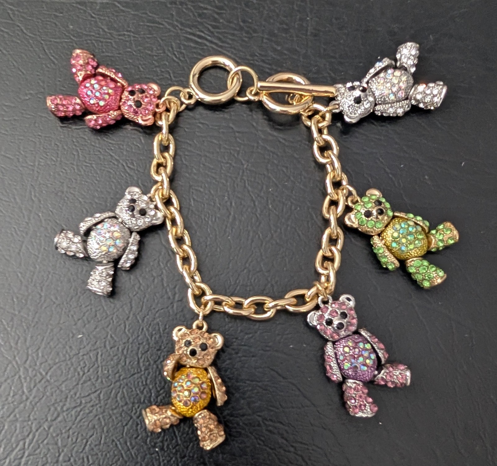 RARE Off Park R Collection Jointed Teddy Bear Charms Bracelet Gold & Silver Pave