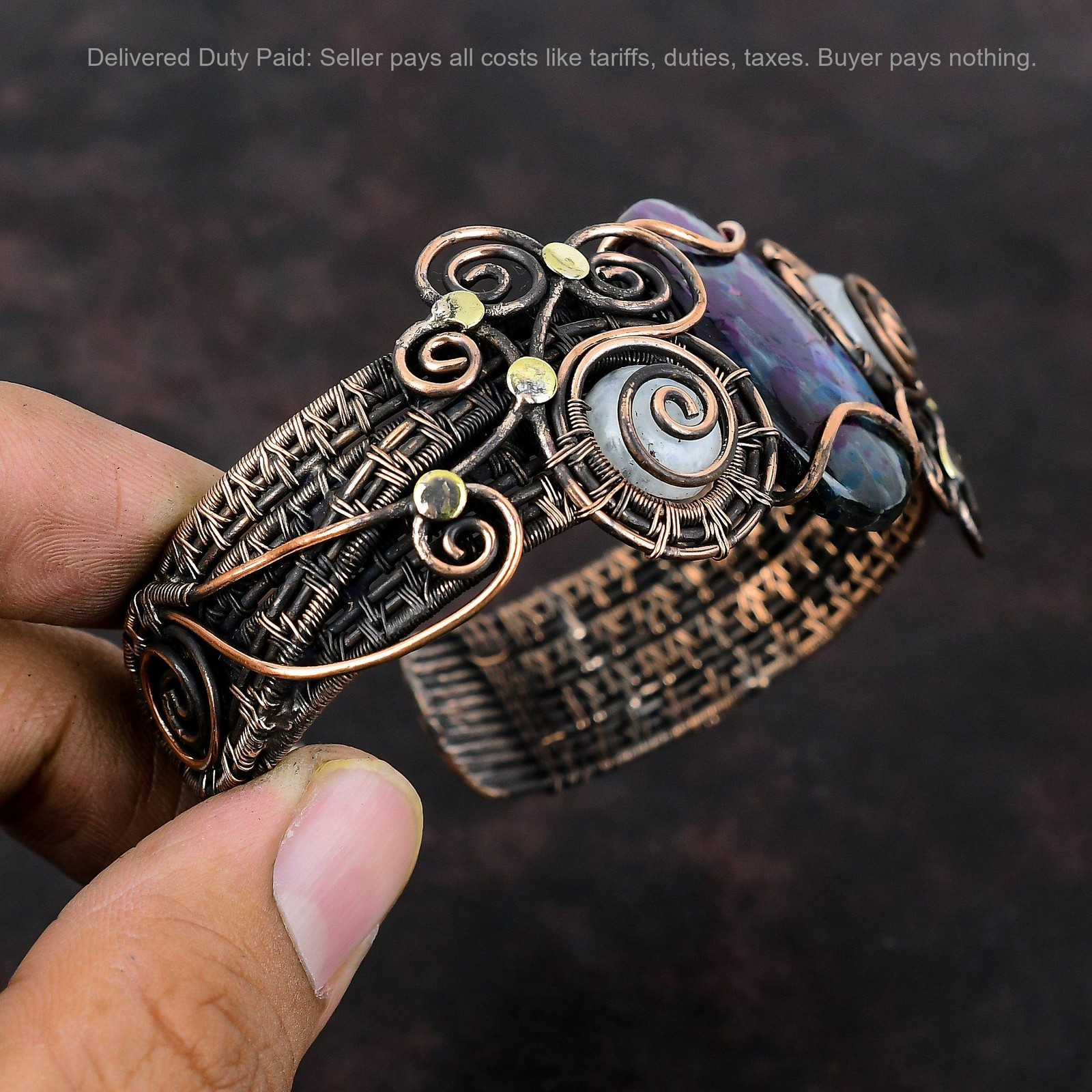 Copper Mystic Fire Labradorite Stone Rainbow Moonstone Wire Wrap Cuff Bracelet